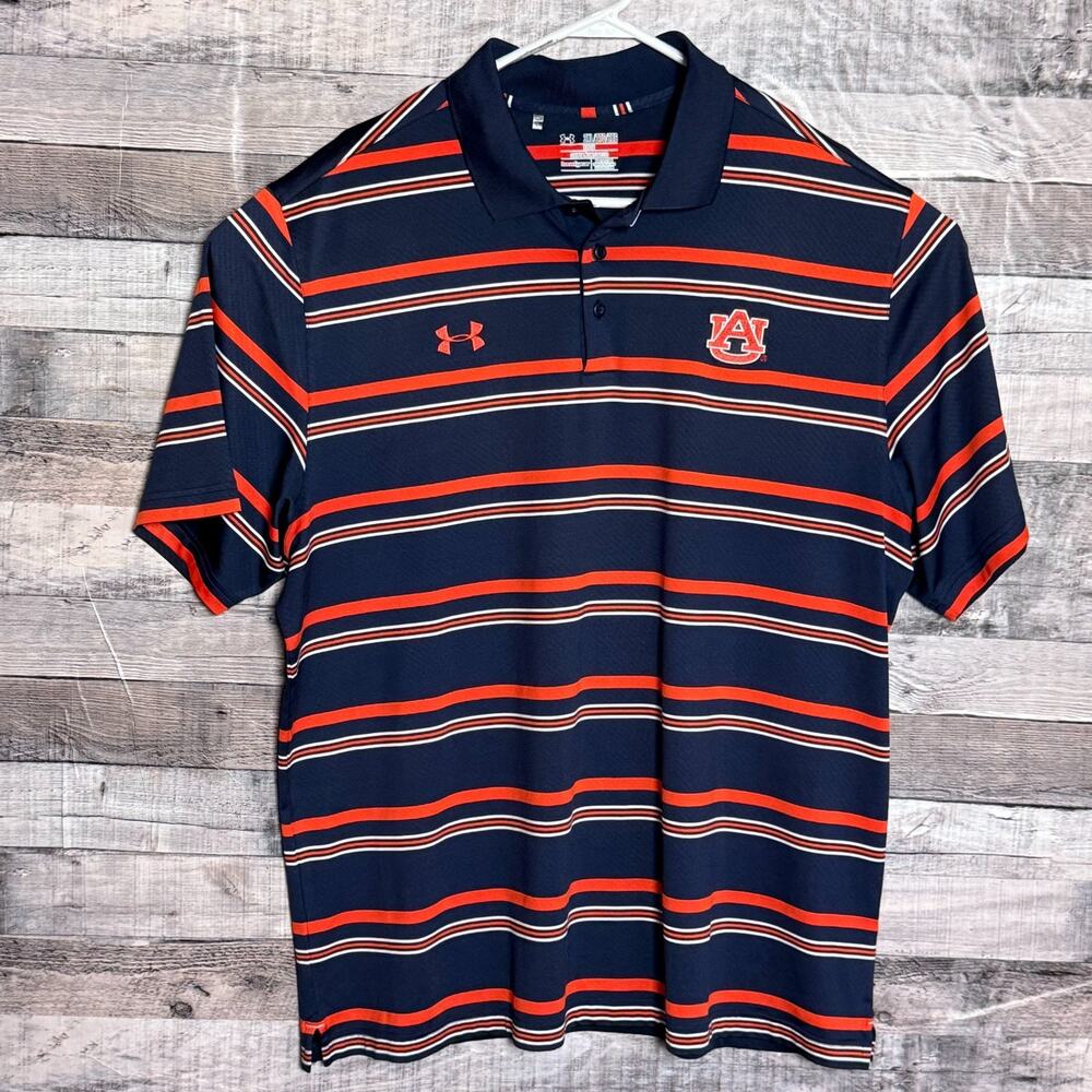 Auburn Tigers Under Amour Polo Shirt Mens 2 XL Navy Striped Football Sideline
